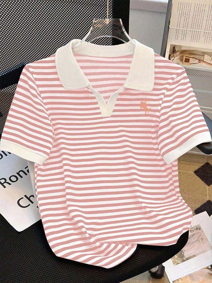 Camiseta de manga corta con cuello de polo a rayas casual de verano para mujer - Multicolor 3 - Ver 1