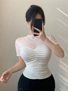 Blusa corta de manga corta de malla transparente elegante y ajustada para mujer, con parches de lunares de malla, ideal para primavera y verano, de uso versátil para San Valentín, boda, fiesta, banquete - Beis 2 - Ver 8