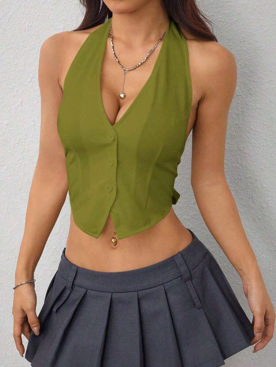 Top sin mangas de verano de color liso con escote en la espalda y cuello colgante para damas - Verde - Ver 1