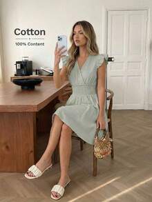 Vestido de verano de línea A con volantes, mangas de campana y cintura fruncida, 100% algodón crepé, casual, relajado, elegante, para uso diario, resort y verano para mujeres - Verde Claro - Ver 5