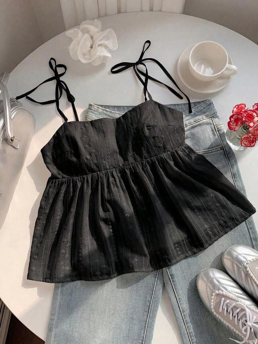 Camiseta sin mangas casual con volantes bordados para mujer - Negro 2 - Ver 1