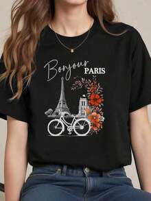 Fashion Printed T‑Shirts for Women, Oversized Streetwear Tops, Comfortable and Stylish All‑Match Summer TeesCamiseta gráfica de la Torre Eiffel de París, primavera,  algodón, estampado llamativo, informal, transpirable - Negro - Ver 6