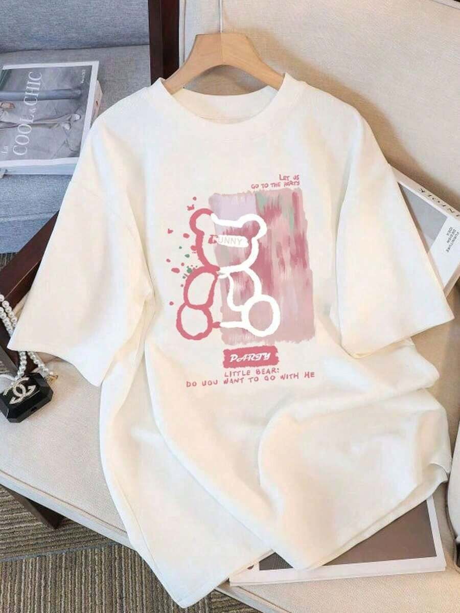 Camiseta de algodón con estampado "Funny Bear Party"casual de moda para mujer - Blanco - Ver 1