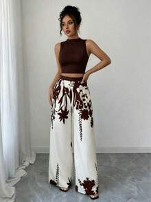 Nuevo conjunto casual de top y pantalones de color contrastante, pantalones anchos de cintura alta elegantes y sueltos, ropa de mujer de ajuste ceñido para primavera, verano y otoño de vacaciones - Marrón - Ver 6