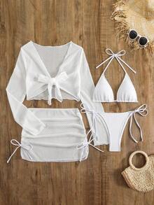 Conjunto de bikini de triángulo de unicolor con pareo para vacaciones en la playa, verano negro - Blanco - Ver 1