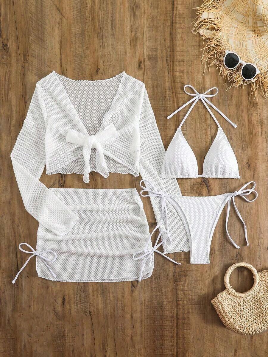 Conjunto de bikini de triángulo de unicolor con pareo para vacaciones en la playa, verano negro - Blanco - Ver 1