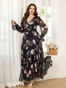 Reflora Nuevo vestido largo de mujer de talla grande con estampado floral, volantes en el bajo, cintura ceñida y alta elasticidad, vestido de otoño, vestido con volantes, vestido floral - Multicolor - Ver 8