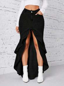 Falda vaquera con abertura alta y volantes de moda - Negro - Ver 3
