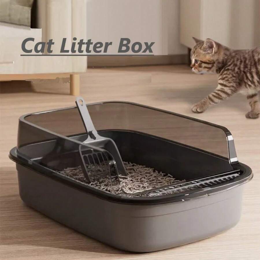 Caja de arena para gatos, caja de arena semicerrada de lado alto a prueba de salpicaduras, inodoro para gatos, orinales para mascotas con cuchara para arena, suministros de limpieza para gatos - Gris - Ver 1