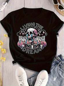 Women's Plus Size Gothic Pattern T-Shirt, Living Dream Skull With Tears Design, 180g Weight Crew Neck T-Shirt, Soft Daily Wear Top, Casual All Season T-Shirt, Avant-Garde Gothic Clothing For Women, Plus Size Gothic T-Shirt, All Season Clothing, Comfortable Fit, Urban Fashion, Bold Design, Durable Material, Short Sleeve T-Shirt Style. - 黑色 - 查看 7