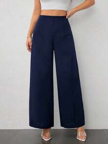 Pantalones anchos de cintura alta con textura, moda casual sencilla para la temporada de vuelta al colegio, estilo de dinero viejo para ir y venir - Azul marino - Ver 8