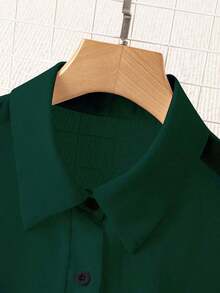 Blusa minimalista de unicolor transparente con cuello vuelto, blusas de manga larga - verde oscuro - Ver 4
