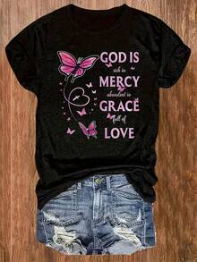 Una camiseta tipo pullover de cuello redondo, de estilo casual y talla grande, con estampados de letras y otros motivos, que incluye frases como "Dios es lleno de gracia, misericordia y amor", hecha de 100% algodón.ropa de calor mujer - Negro - Ver 2