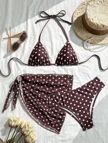Swim Mod Conjunto de bikini de 3 piezas con estampado de lunares, escote halter y espalda con lazo, para vacaciones en la playa, atuendo de primavera, carnaval 2026, elegante, casual, traje de baño con falda - Multicolor - Ver 3