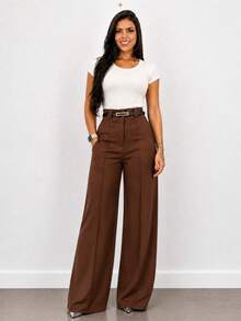 Women's Wide-Leg Pants With Belt, Tailored, Simple, Elegant, Casual, Sensual, Pocket, With Belt, Zipper, Night, Daily, Winter - 鏽棕色 - 查看 3