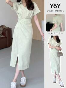 Y6Y 女士优雅性感休闲收腰开衩短袖连衣裙，绿色 - 淡綠 - 查看 11