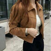 Chaqueta de mujer de unicolor con cuello vuelto y cremallera, de manga larga, adecuada para uso diario, escuela y aeropuerto, primavera/otoño, color negro - marrón amarillento - Ver 2