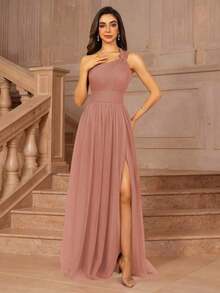 Vestido formal largo para dama de honor, invitada de boda, evento, verano, San Valentín, cumpleaños, con cuello cruzado asimétrico de un hombro, espalda descubierta, falda de tul en línea A, vestidos de mujer para otoño, regreso a clases, fiesta de bienvenida, cumpleaños, primavera elegante - Rosa coral - Ver 6