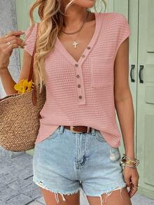 Camiseta de punto de gofre de cuello en V sólido, de manga corta, casual para primavera y verano - Rosa - Ver 5