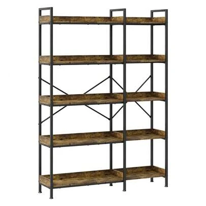 Estantería industrial de 5 niveles en forma de L - Armario de almacenamiento independiente de metal y madera - Estantes abiertos con 4 ganchos - Librero esquinero ahorrador de espacio para sala, dormitorio u oficina, color marrón rústico