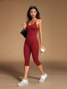 VVX Jumpsuit Capri Yoga Wanita, Leher Bulat, Tali Bahu Tipis, Tanpa Punggung, Pengontrol Perut, Pengangkat Bokong, Celana Pendek Olahraga Gym, Romper Tanpa Jahitan Bergaris - Merah - View 7