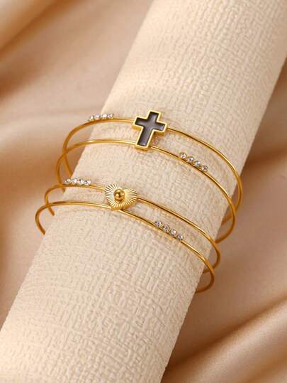 Elegant Double Layer Black Cross&Heart Stainless Steel Bangle For Women Gilrs 18K Gold Plated Inlay Rhinestone Cuff Bracelet Wedding Holiday Waterproof Jewelry Party Accessory Gift For Her/Mom/Best Friend