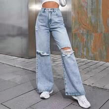 High Waist Ripped Wide Leg Jeans Women INS Fashion Casual Denim Pants - màu đen - Xem 2