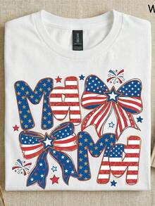 Patriotic T-Shirt With Bow For Mom, Cute 4th Of July Mom T-Shirt, Sparkly US Flag Lettering T-Shirt, Cute Independence Day Gift For Her, American Top. Unisex 220g Pure Cotton T-Shirt, Ideal Weight For All Seasons, Suitable For Both Men And Women. Durable, High-Quality Fabric, Soft To The Touch And Long-Lasting. Breathable Top. Suitable For Women's Spring And Summer, Holidays, Mother's Day, And Independence Day. - 白色 - 查看 1