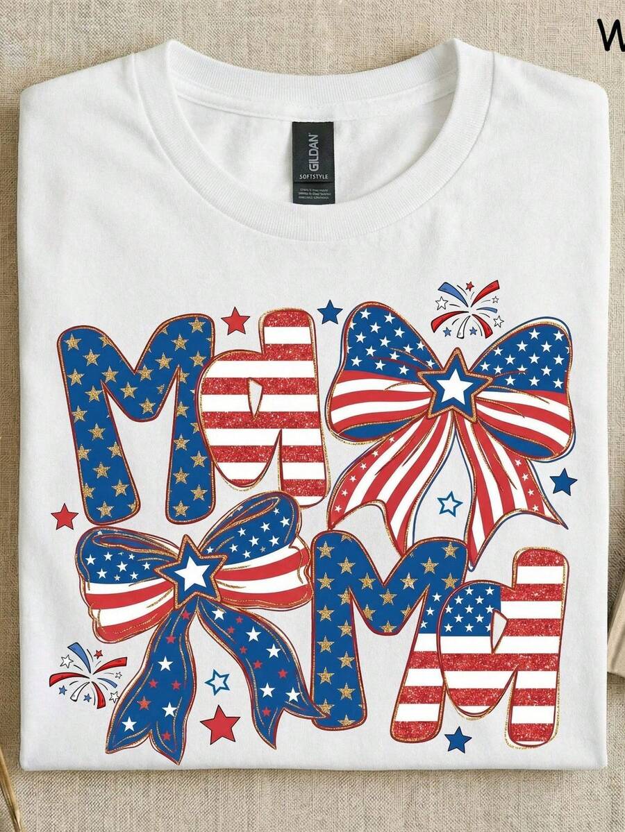 Patriotic T-Shirt With Bow For Mom, Cute 4th Of July Mom T-Shirt, Sparkly US Flag Lettering T-Shirt, Cute Independence Day Gift For Her, American Top. Unisex 220g Pure Cotton T-Shirt, Ideal Weight For All Seasons, Suitable For Both Men And Women. Durable, High-Quality Fabric, Soft To The Touch And Long-Lasting. Breathable Top. Suitable For Women's Spring And Summer, Holidays, Mother's Day, And Independence Day. - 白色 - 查看 1