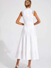 Vestido largo elegante 2026, cuello redondo sin mangas, con encaje, estilo casual y fiesta - Blanco - Ver 6