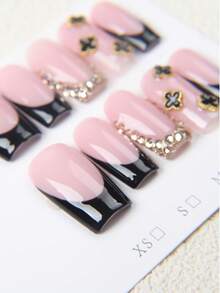 10pcs Medium Square Handmade Nail Stickers, Chic French Style With Black Clover Pendant And Crystal Chain Decor, Nude Pink Full Coverage False Nails, Suitable For Daily Wear, Dates, Parties, For Women And Girls - Black - View 7