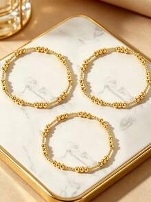 Bộ 3/6 chiếc vòng tay hạt đồng phong cách Boho tối giản, thiết kế chấm bi, vòng tay co giãn mạ vàng 18K, vòng tay mùa hè dành cho nữ, quà tặng cho bạn bè. - Bộ vòng tay 3 món - Xem 5