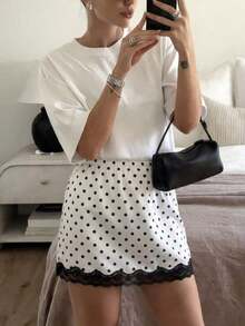 Falda evasé con estampado de leopardo y encaje en contraste para mujer - Blanco - Ver 7