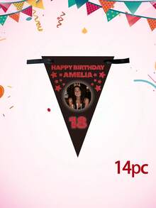 Bandeirola de aniversário personalizada com foto e texto, bandeirinha triangular personalizada com nome e idade, decoração para festa de aniversário de 18/21/30 anos, bandeirinha triangular preta com estrelas brilhantes, decoração para festa de aniversário. - Multicolorido - Ver 27