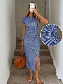 Vestido midi sin mangas con abertura alta, estampado elegante de lazo a rayas rosa, estilo minimalista casual; Vestido de punto de textura casual ajustado para mujer; Conjunto de fitness para mujer; Vestido de invitada de boda para mujer; Atuen - Multicolor 3 - Ver 6