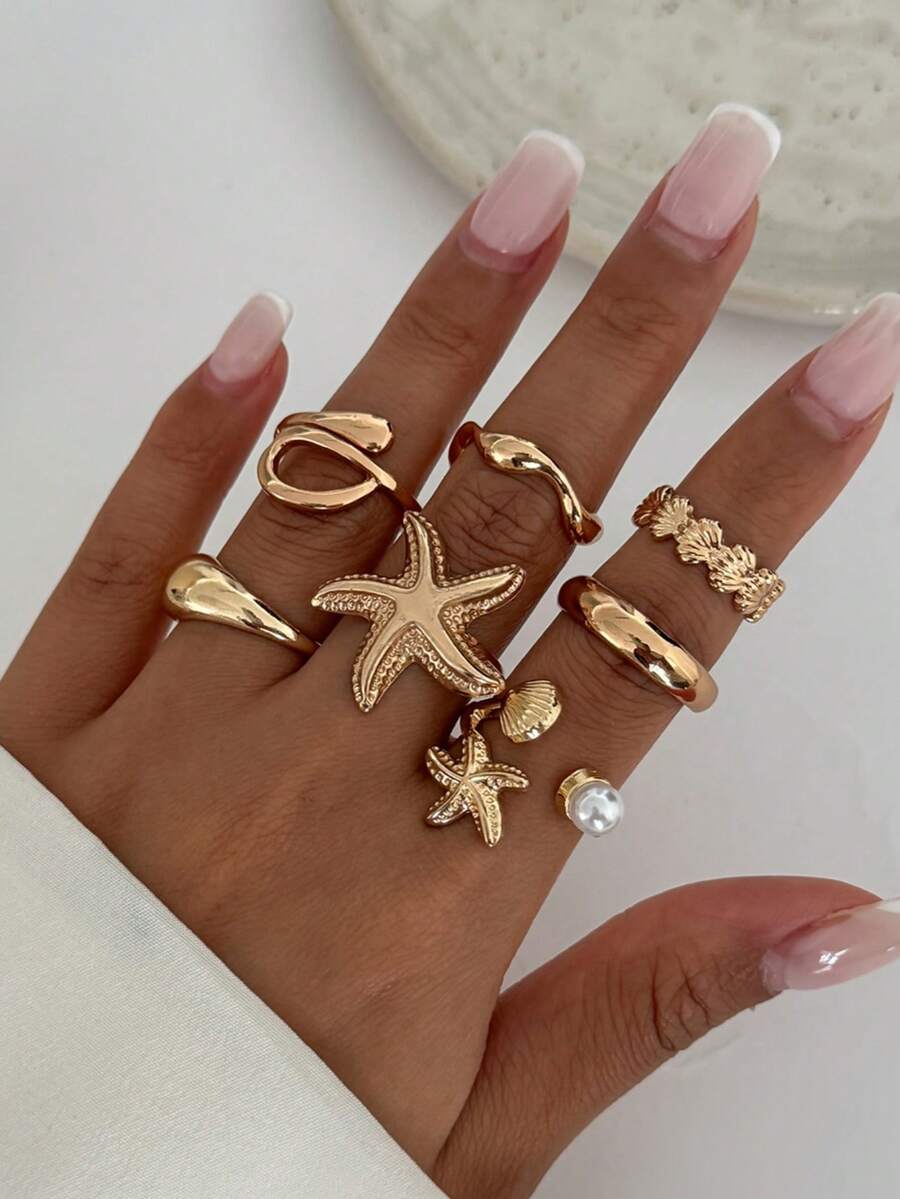 Set de 8 piezas de anillos abiertos con estrellas de mar y conchas de estilo vacacional, un conjunto de joyas de anillos nudillares únicos - Juego de 8 anillos con forma de estrella de mar - Ver 1