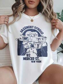 Vintage Basement Studio Drum Set 92 Mercer St New York Camiseta Casual Estampada de Moda para Mujer Adecuada para Todas las Temporadas  
 BlackFashion - Blanco - Ver 1