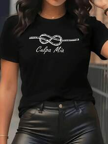 Minimalist. Infinity Knot Symbolizing Eternal Connection Accompanied By The Phrase "My Fault" Which Conveys Reflection And Responsibility. Women's T-Shirt, 100% Cotton. Women's Simple Solid Color T-Shirt, Loose And Slim Fit Casual Short Sleeve - 黑色 - 查看 7