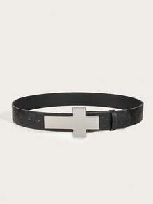 1pc Vintage Alloy Buckle Printed PU Leather Belt, Suitable For Western Cowgirl Style - Black - View 2
