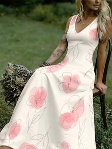 Women's Summer Dress, Off-White Pink Ink Line Floral Print Sleeveless Maxi Dress, Gentle Art Style Drapey Long Skirt - 彩色 - 查看 3