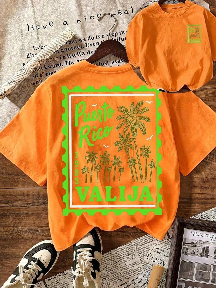 Camiseta casual de mujer con cuello redondo y manga corta, con un estampado gráfico de palmeras y cocoteros en el borde, ideal para vacaciones de primavera y verano. - Naranja - Ver 1