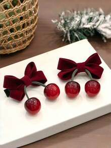 2pcs/Set Women's Red Cherry Bow Hair Clips, Cute Sweet Elegant Alligator Clips For Daily Wear And Party,Hair Barrettes - Multicolor - View 4
