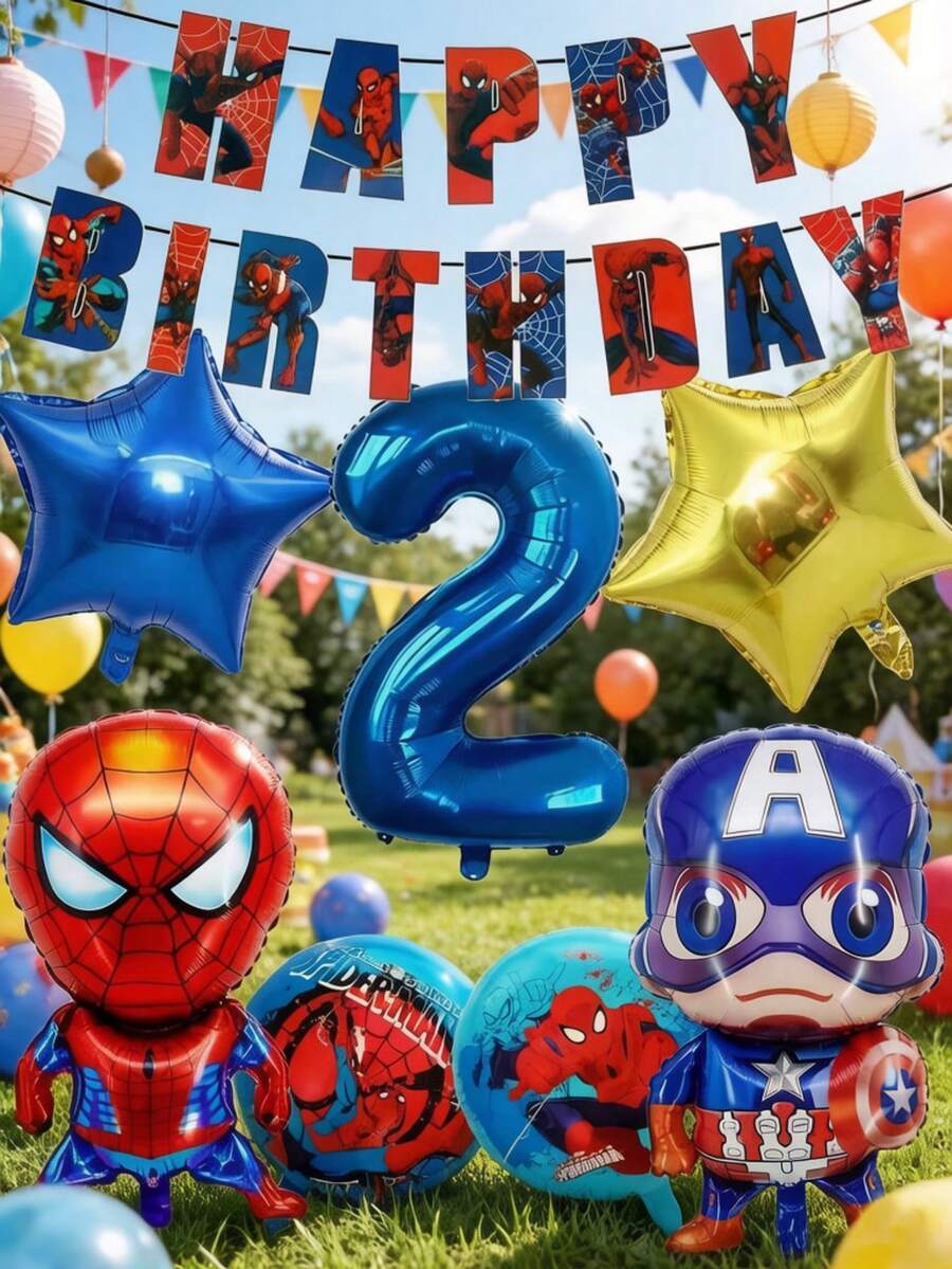 Marvel 8件套漫威蜘蛛侠生日派对装饰套装，卡通气球配32英寸大数字装饰，主题派对用品，适用于庆祝活动和礼品/花束