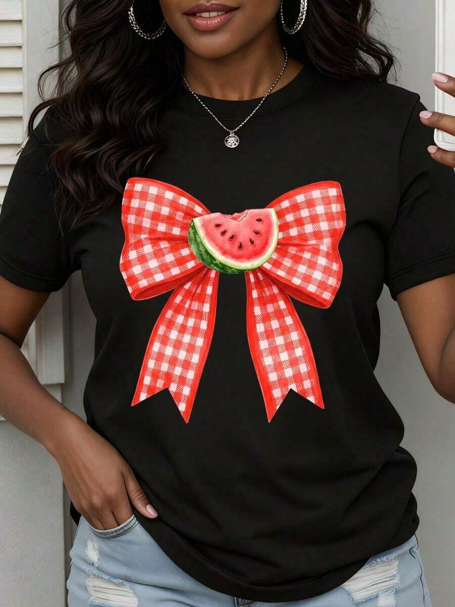 Camiseta de verano para mujer, vintage, con estampado de lazo de sandía, top casual de verano, camiseta gráfica para mujer, diseño de lazo a cuadros rojos, temática de frutas, camiseta de moda, fresca y cómoda. - Negro - Ver 1
