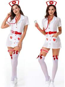 Set de accesorios para disfraz de enfermera (Halloween) - Incluye diadema, estetoscopio, medias, jeringa de simulación, liguero y asistente médico - Ideal para trabajo, disfraces, fiestas temáticas y carnaval. - Blanco - Ver 2