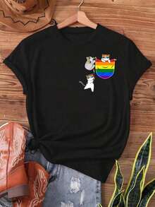 Camiseta Casual de Mujer con Bolsillo y Diseño de Gato Adorable - Manga Corta, Cuello Redondo, Comodidad para Todas las Temporadas, Top de Primavera y Verano, Orgullo y Alegría, Ropa de Orgullo |     Diseño de Gato Juguetón |     Ajuste cómodo, camiseta arcoíris - Atuendo para el Día de San Patricio - Ropa de verano para mujer - Blusas de verano - Atuendos de vacaciones para mujer - Camiseta vintage de estilo callejero unisex, holgada, de algodón, de manga corta y cuello redondo. blusas.blusas casuales para dama. - Negro - Ver 6