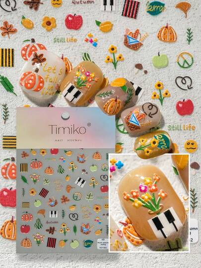 1 Sheet 6D Embossed Gold Foil Nail Stickers, Featuring Autumn Elements Like Pumpkins, Maple Leaves, Picnic Baskets, Flowers, Paired With Warm-Toned Embossed English Phrases, Suitable For Commuting, Casual Chic Outfits, Autumn Nails, Leisure Occasions, Ideal For Gentle Aesthetics Lovers, Students, Moms, Nail Art DIY Beginners, Lightly Mature Girls