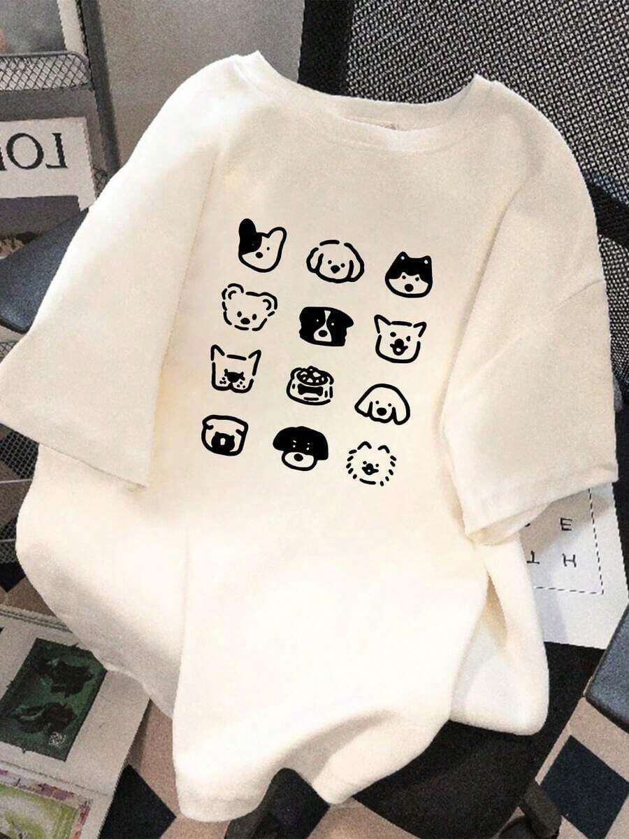 Camiseta Personalizada para Mujer, Casual, Holgada, con Estampado de Perro de Dibujos Animados, Cuello Redondo, Manga Corta, Estilo Urbano Vintage, Blanca, de Algodón, para Verano - Blanco - Ver 1