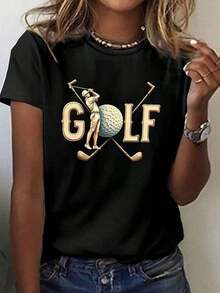 Women's Essential Casual Minimalist Golf Print T-Shirt - Short Sleeve, Round Neck, Golfer Silhouette Print And "GOLF" Lettering In Black, Made Of Low Elasticity Material, Suitable For Spring And Summer, Women's Golf Clothing, Loose Fit, Non-See-Through Material, Spring Fashion, Soft Cotton T-Shirt For Women's Daily Wear, Simple Solid Color T-Shirt For Women, Loose And Fitted Cut, Casual Short Sleeve. - 黑色 - 查看 11