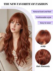 Tóc giả dài 26 inch, kiểu tóc mái gợn sóng, làm từ sợi tổng hợp, màu nâu nhạt tự nhiên, chịu nhiệt, không cần keo dán, phù hợp cho sử dụng hàng ngày, đi làm, đi học, hẹn hò, đi chơi tối, tiệc sinh nhật, Halloween, Giáng sinh, Lễ Tạ ơn, lễ hội âm nhạc, phong cách Y2K, quà tặng cho bạn gái, chị gái, mẹ. - trái cam - Xem 7